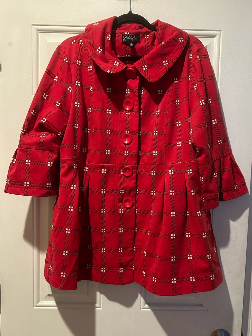 Super cute Red Plaid Pea Coat with Rounded Collar by Eden Court!
